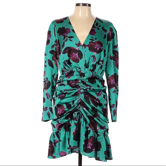 Delfi collective Isla Teal Magenta Floral Ruched long sleeve Mini Dress - Picture 2 of 11
